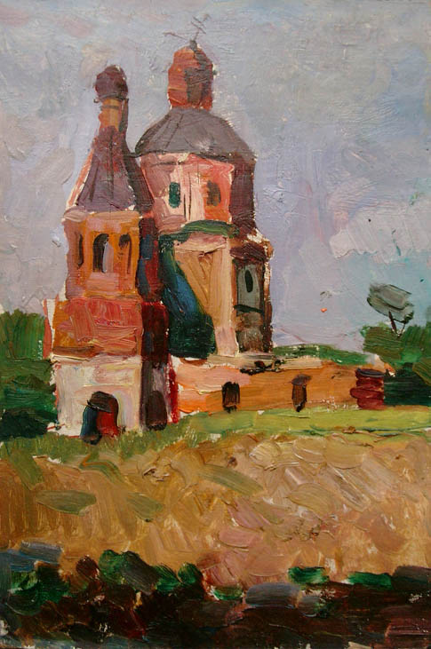 * Alexander Alyoshin - russian artist * Painting * Cardboard * Landscape - church in Obidimo *
