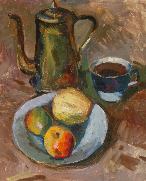 * Alexander Alyoshin - russian artist * Painting * Cardboard * Still life - coffee and apple *