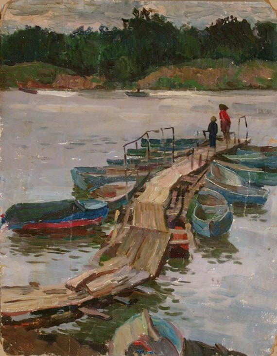 * Alexander Alyoshin - russian artist * Painting * Cardboard * Landscape - oka. boats *