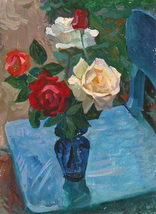 * Alexander Alyoshin - russian artist * Painting * Cardboard * Still life - roses on chair *