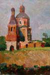 Picture written by artist Alexander Alyoshin 'Church in Obidimo'. Size of the file - 78,8 KB. Painting. Cardboard. Landscape.
