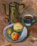 Picture written by artist Alexander Alyoshin 'Coffee and apple'. Size of the file -      91,9 KB. Painting. Cardboard. Still life.